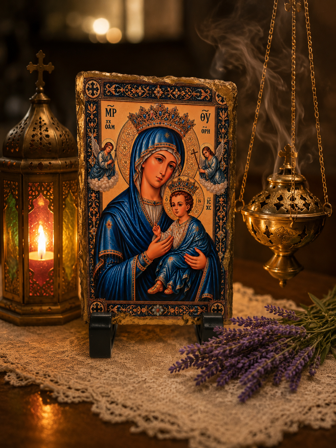 Virgin Mary & Child Orthodox Icon on Natural Slate Plaque