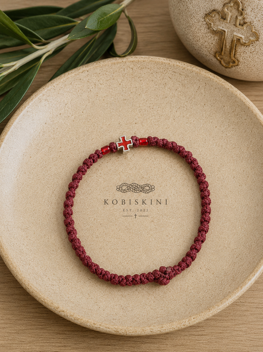 Burgandy Cross Bracelet with Red Beads (K 13)