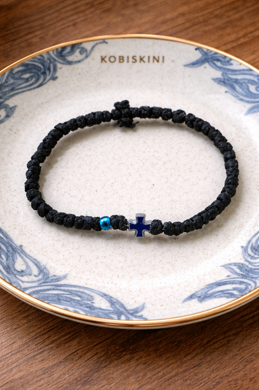 Black Bracelet Blue  Cross with Blue Beads