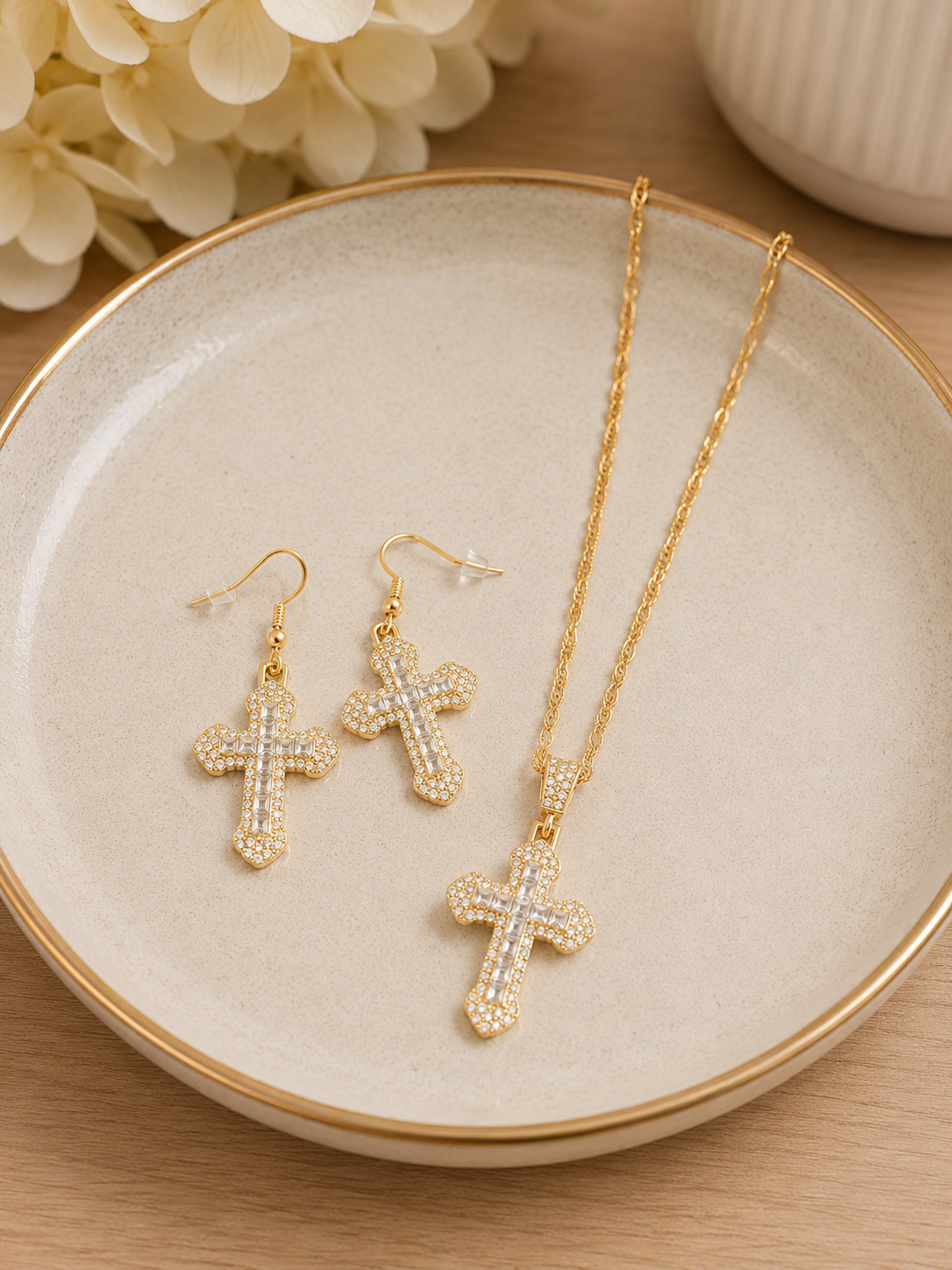Gold-Plated Cross Necklace & Earrings Set