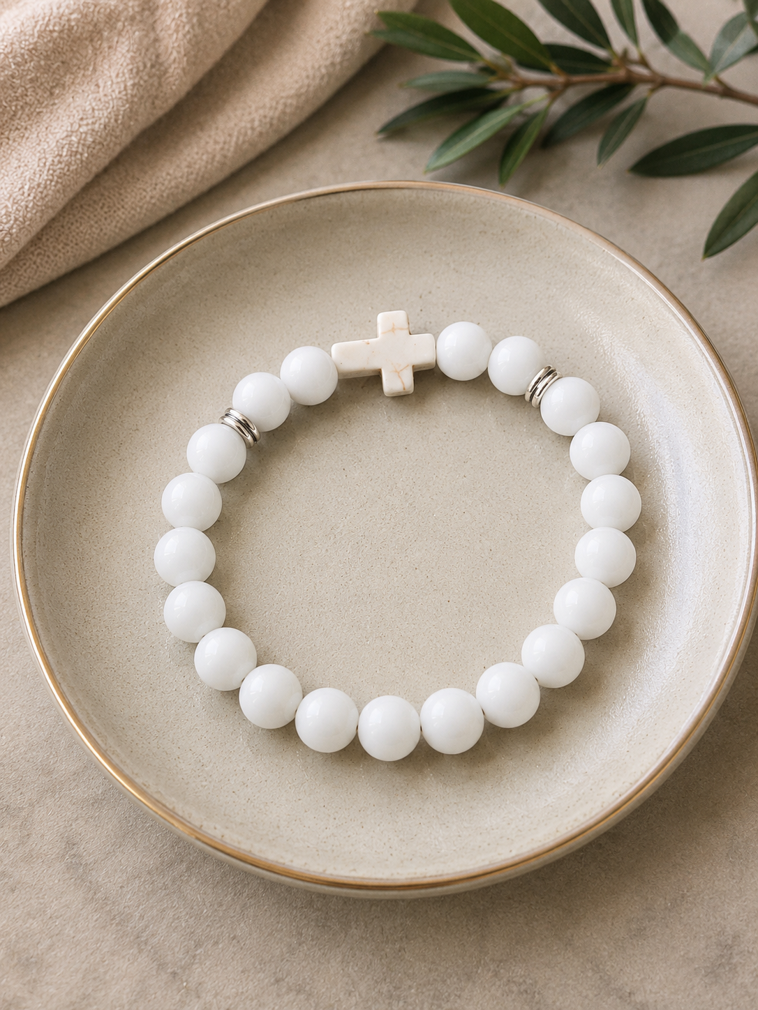 Black Cross Matte Beaded Bracelet with Silver Accents ( B 5 )