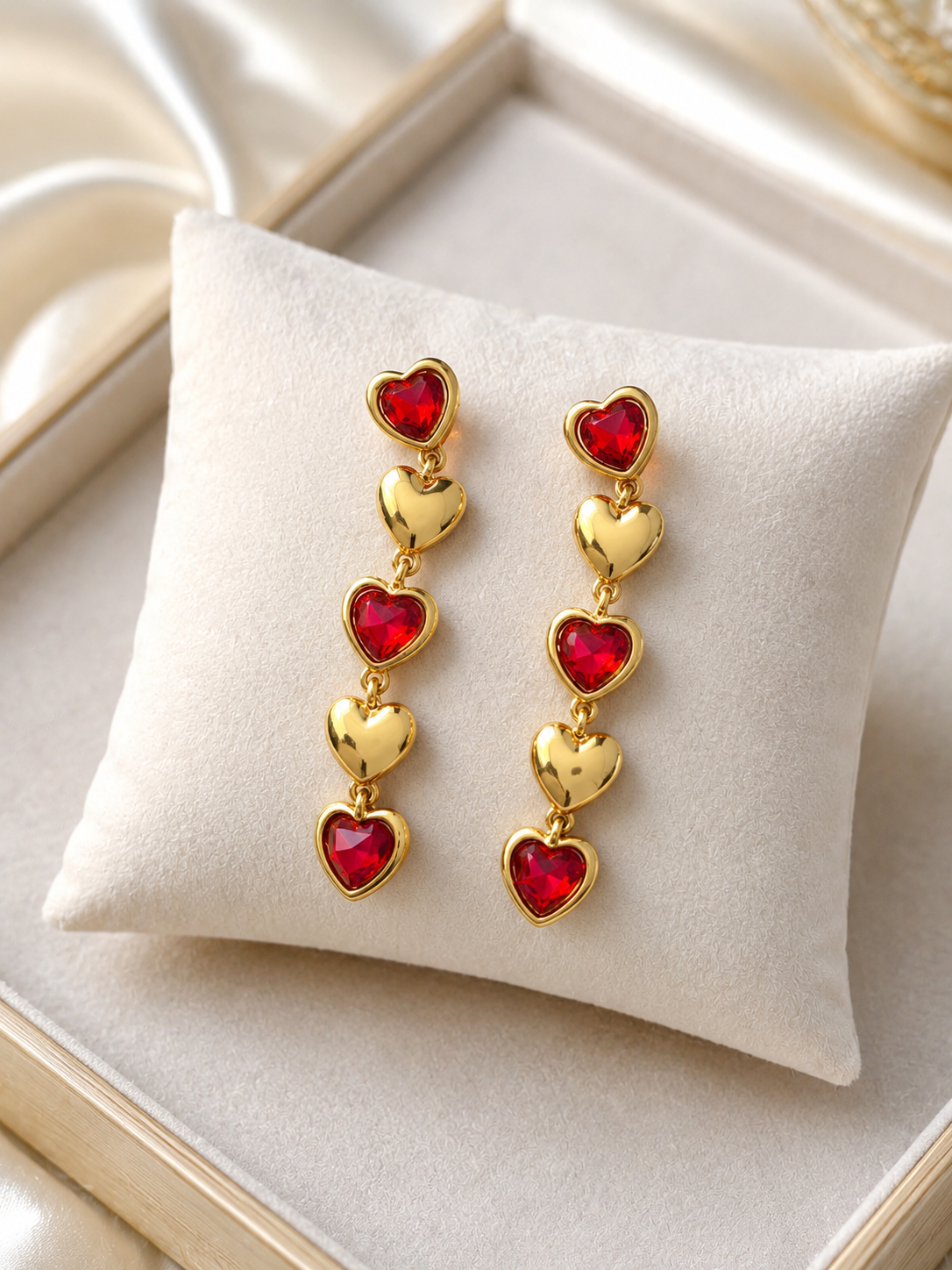 Ruby Heart Drop Earrings – Gold Plated