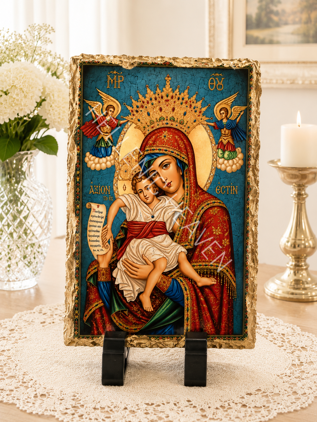 Title: Panagia Axion Estin with Christ Child Orthodox Icon – Παναγία Άξιον Εστίν (O66)