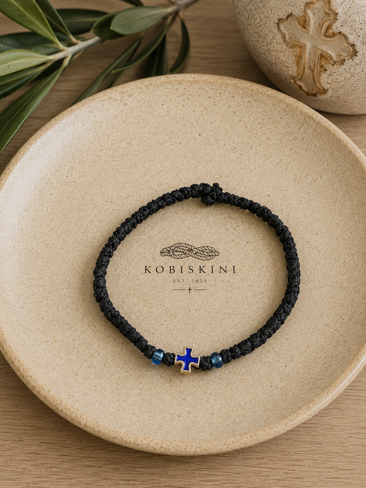 Black Bracelet Blue  Cross with Blue Beads (K 12)