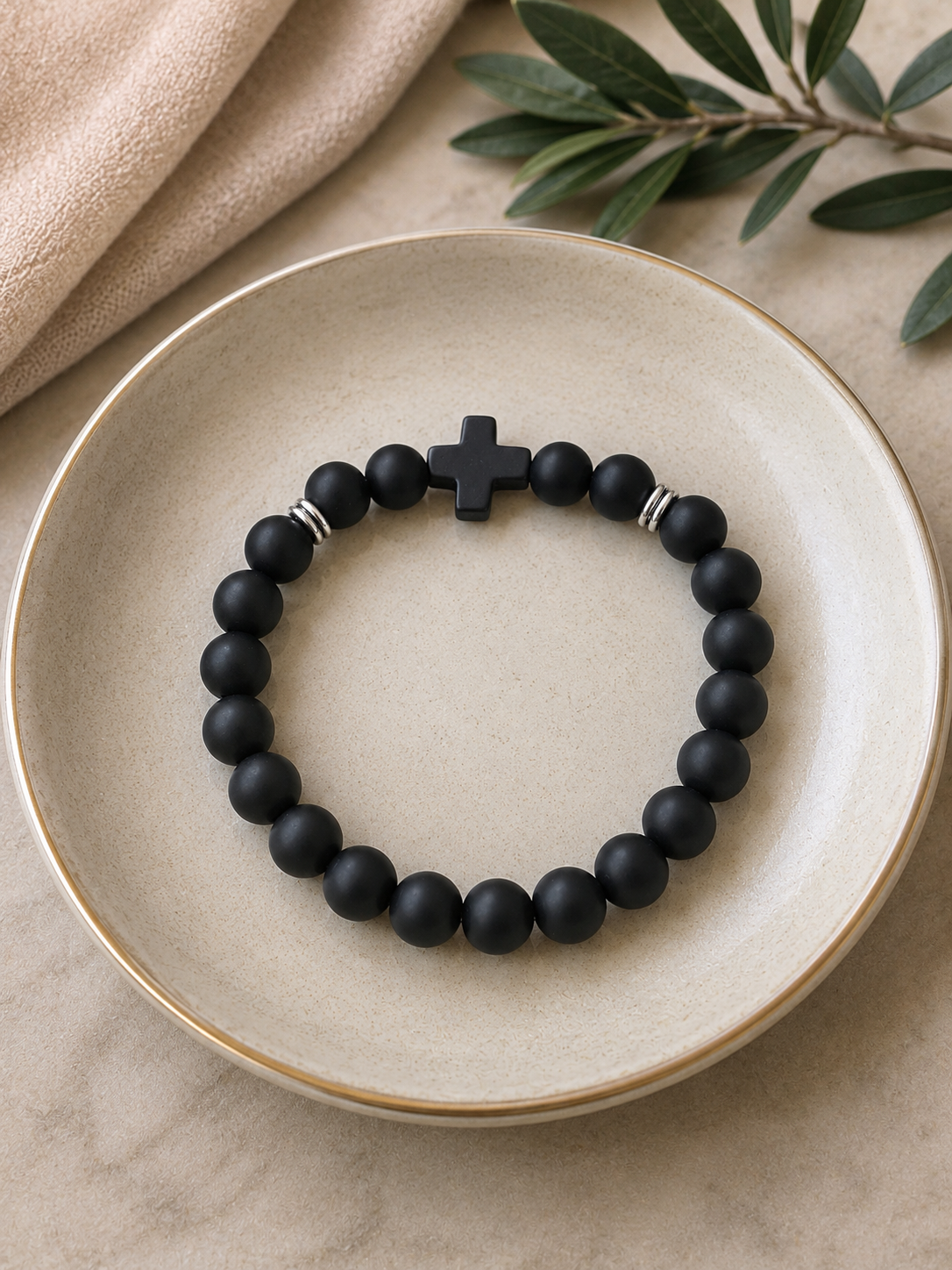 Black Cross Matte Beaded Bracelet with Silver Accents ( B 5 )