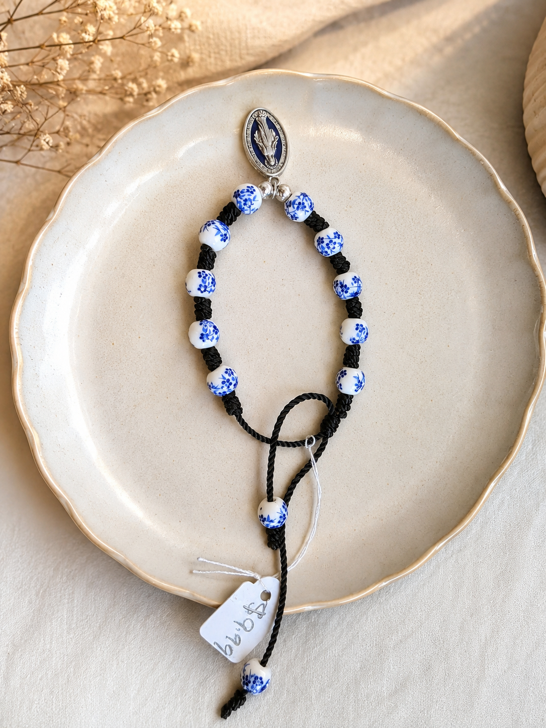 Blue & White Porcelain Beaded Bracelet with Miraculous Medal (Codec 8-60)