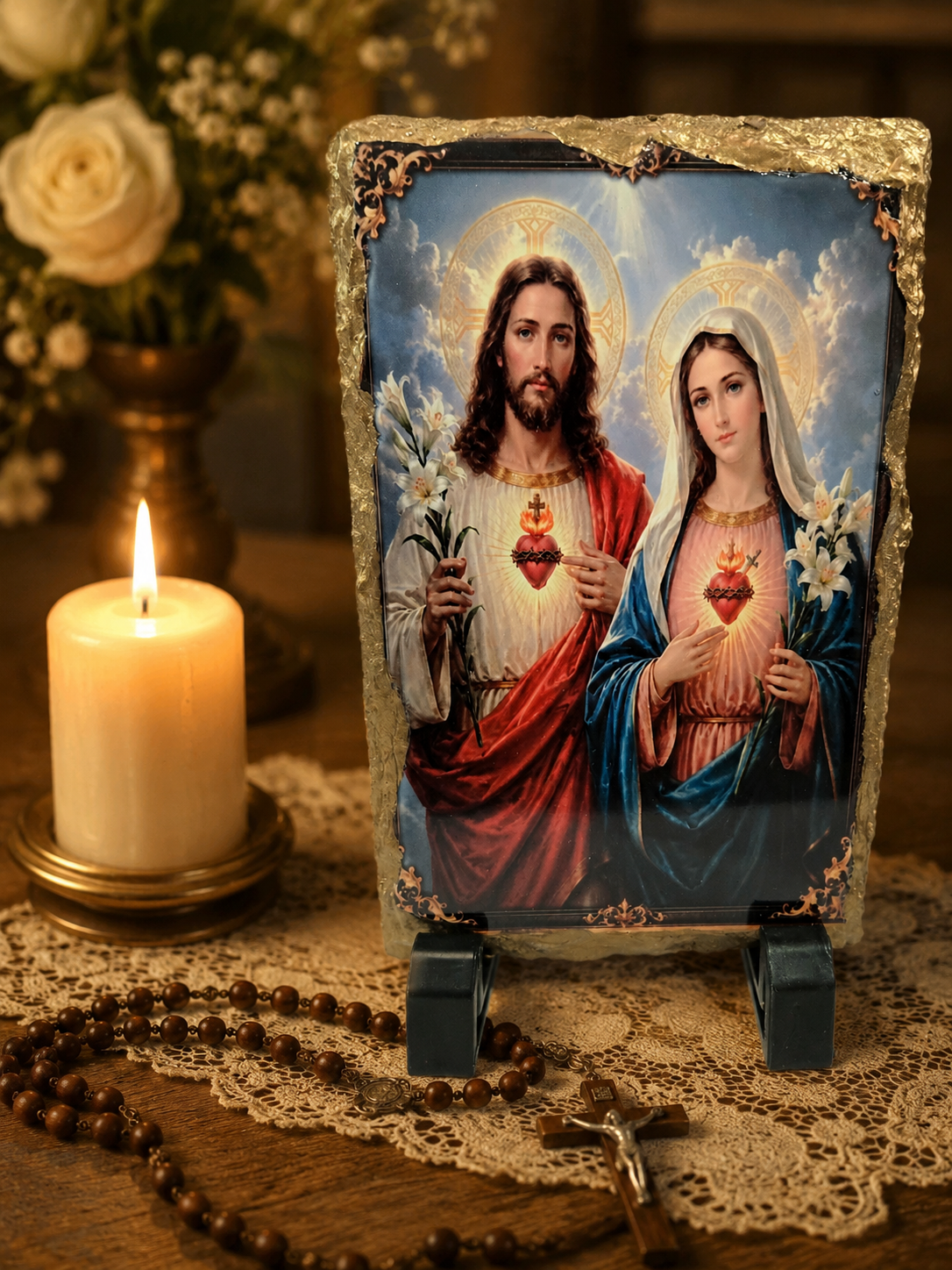 Sacred Heart of Jesus & Virgin Mary on Natural Slate