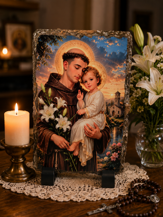 Saint Anthony with the Child Jesus on Natural Slate Plaque